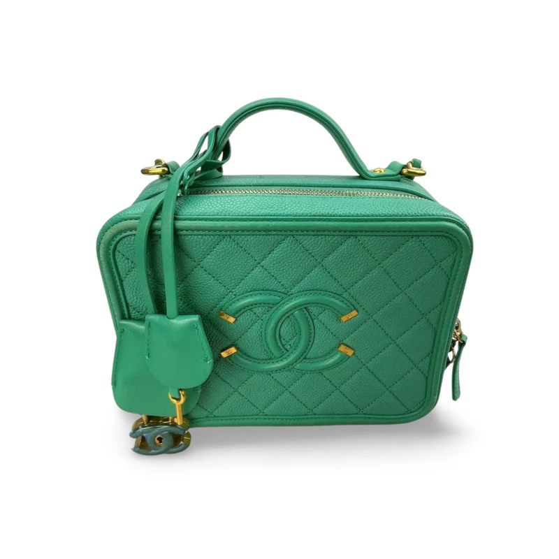 Chanel Vanity Case Tasche aus Kaviarleder mit gebürsteten Goldbeschlägen, Mintgrün, Medium