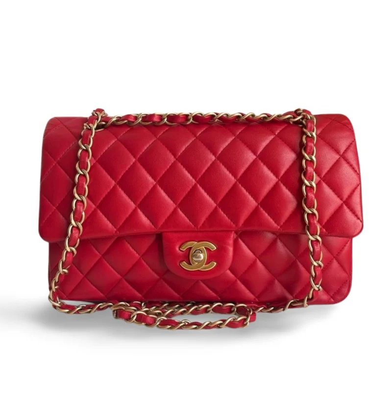 Chanel Red Classic Double Flap Bag aus mittelgroßem Lammleder mit goldenen Beschlägen