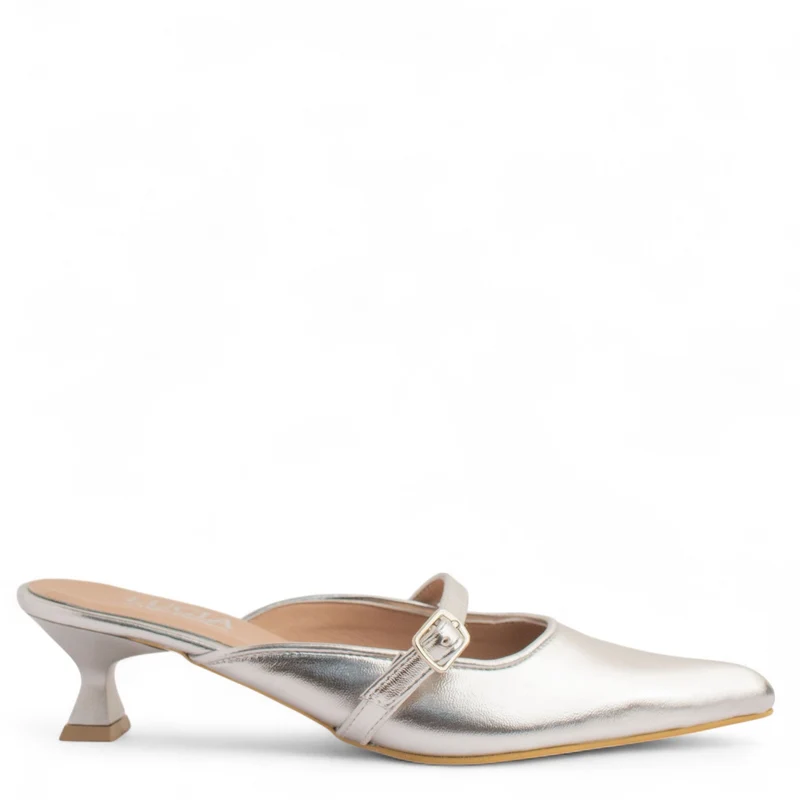 Women Silver Leather Mules #4298