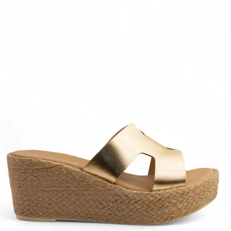Women Gold Leather Wedges #4292