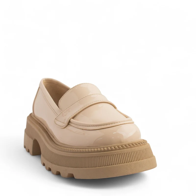 Women Beige Vernis Leather Loafers #3839