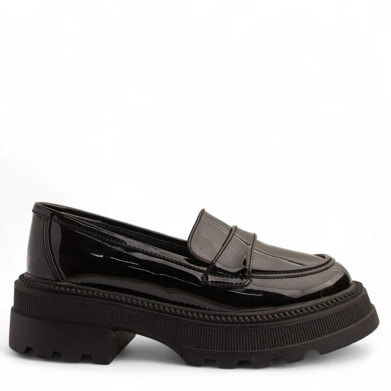 Women Black Vernis Leather Loafers #3837