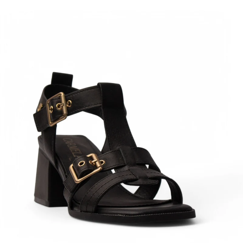 Spanish Women Black Leather Sandal #4269