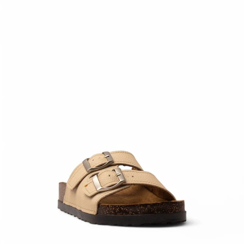 Women Beige Leather Slipper #3778