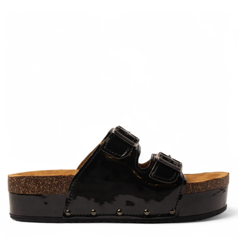 Women Black Vernis Leather Slipper #3760