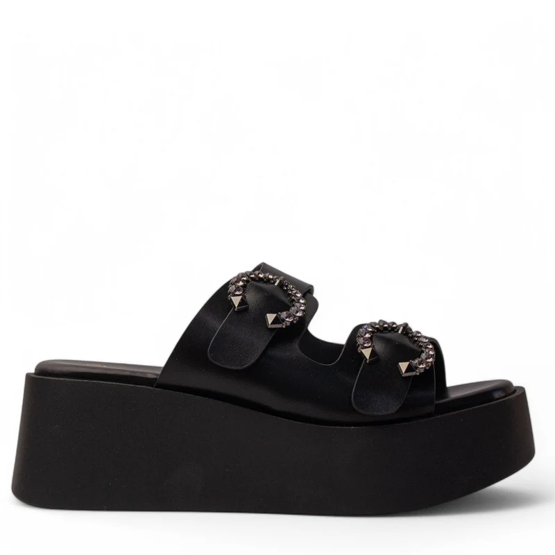 Europeon Union Women Black Leather Wedges #4212