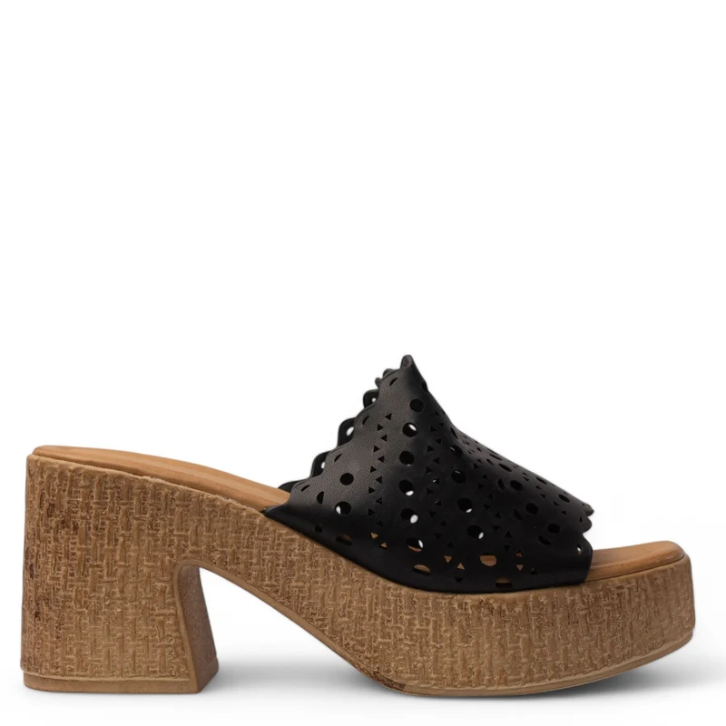 Europeon Union Women Black Leather Wedges #3891