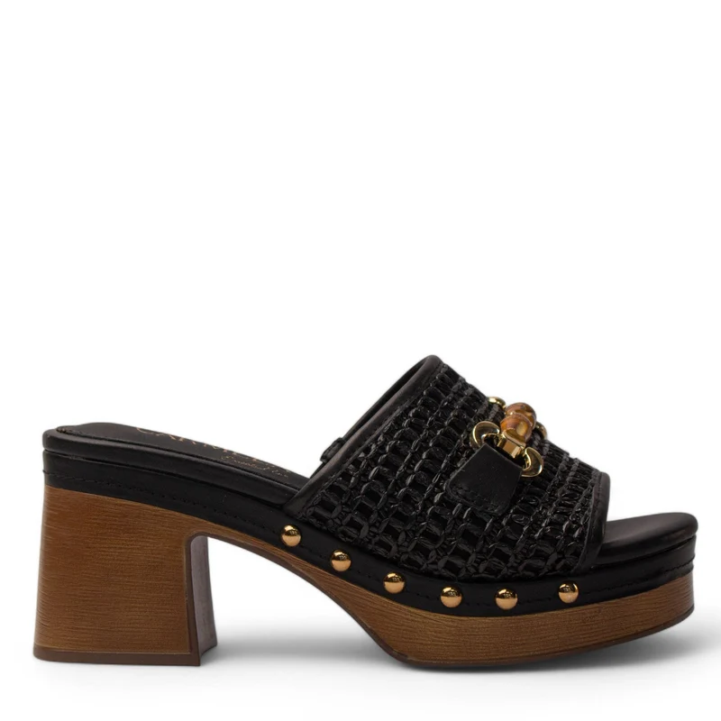 Spanish Women Black Leather Wedges #4280