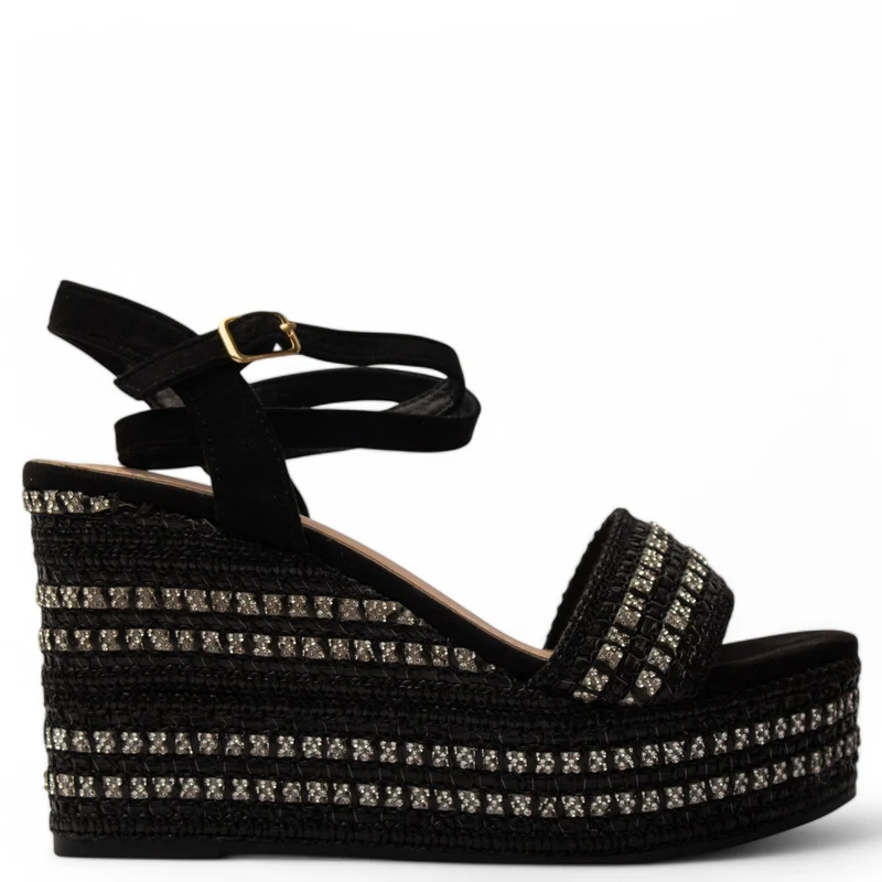 Europeon Union Women Black Cloth Wedges #3918