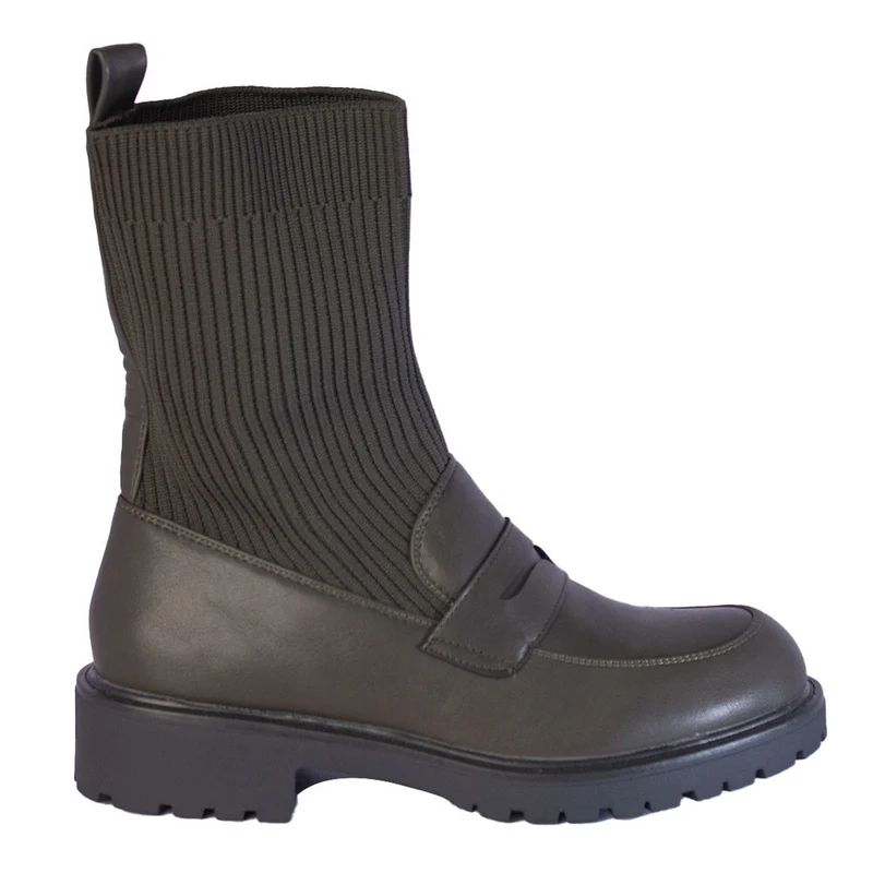 Europeon Union Women Kaki Leather * Cloth Half Boot #2274