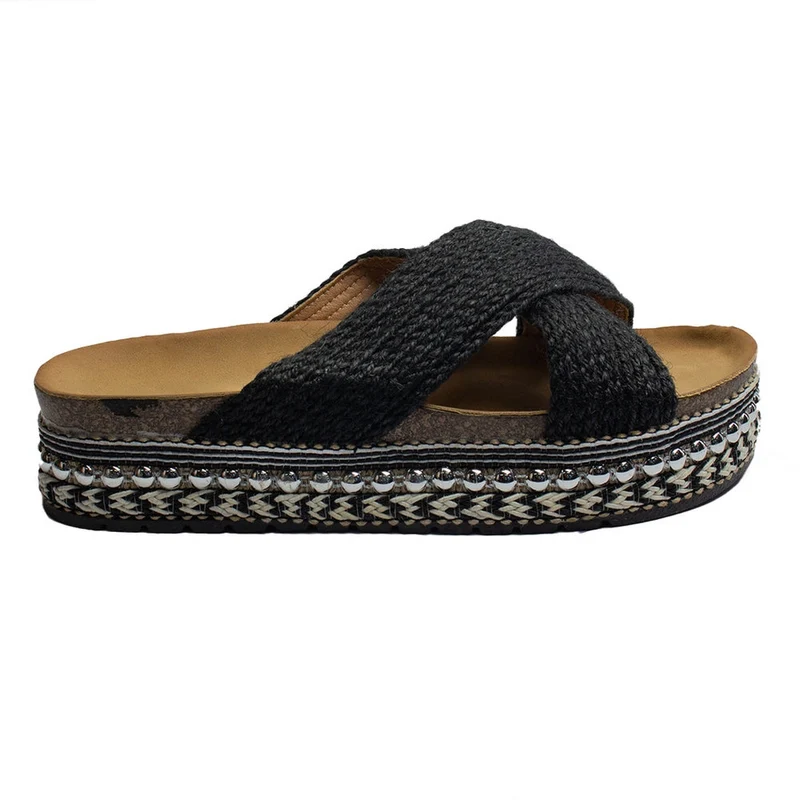 Europeon Union Women Black Wicker Slipper #1903