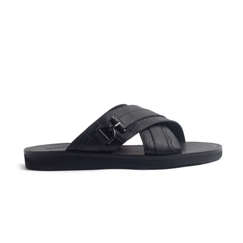 Italian Men Black Leather Slipper #4176