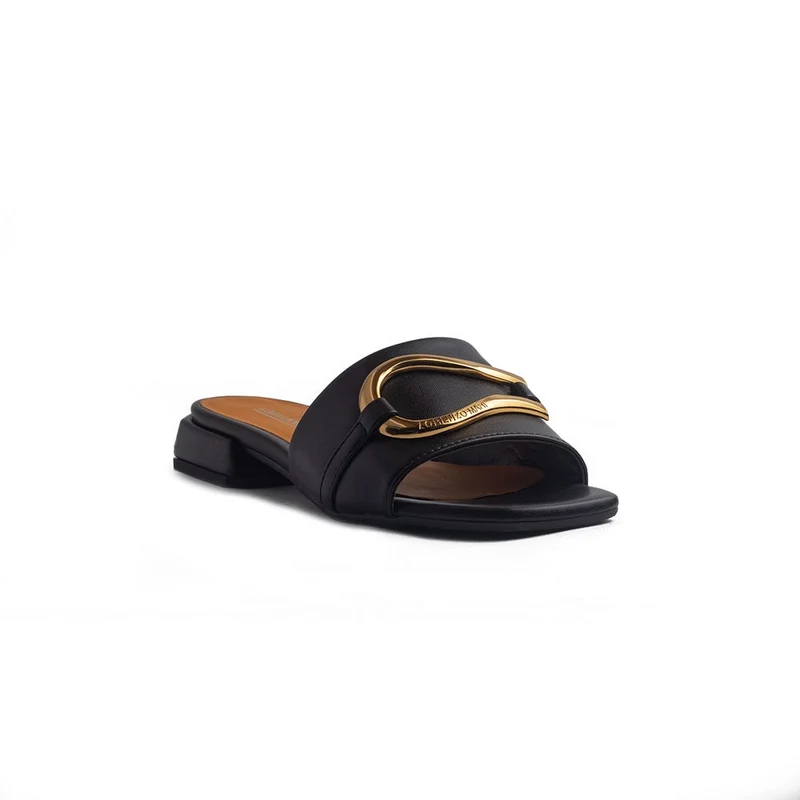Italian Women Black Leather Slipper #1262