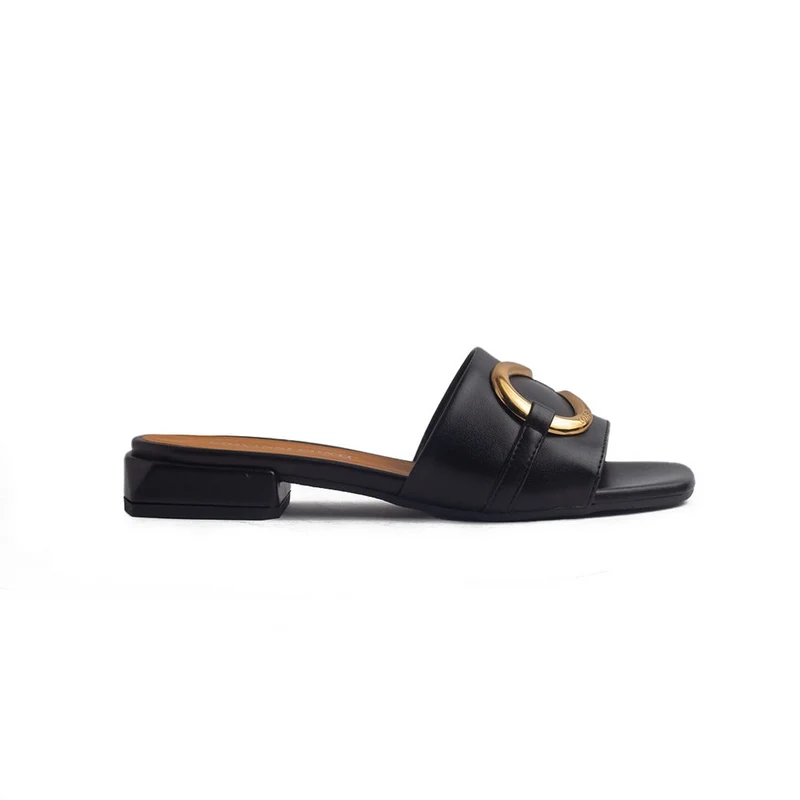 Italian Women Black Leather Slipper #1262