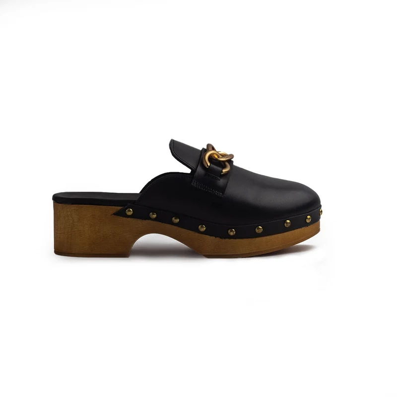 Italian Women Black Leather Wedges #1277