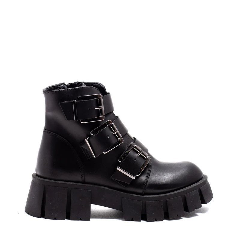 Italian Women Black Leather Half Boot #0149