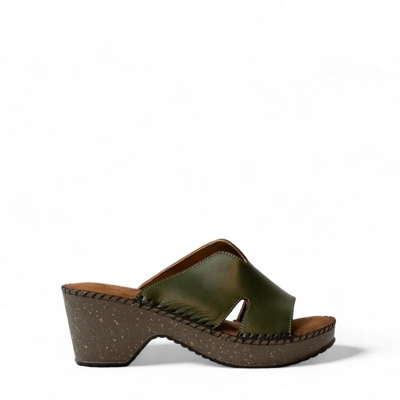 Women Green Leather Wedges #3046