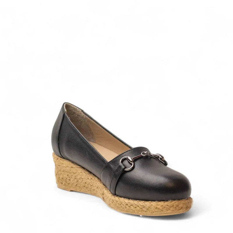 Women Black Leather Wedges #2913