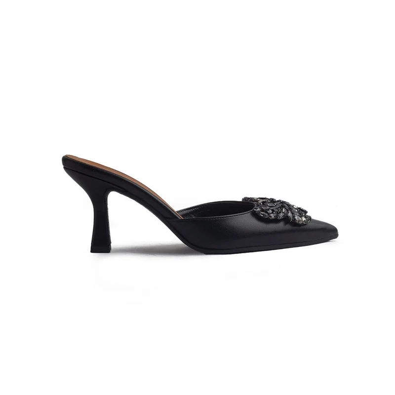 Italian Women Black Leather Heels #1291