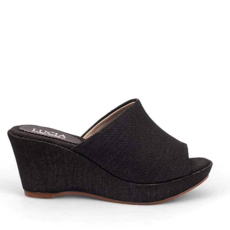 Women Black LINEN Wedges #2705