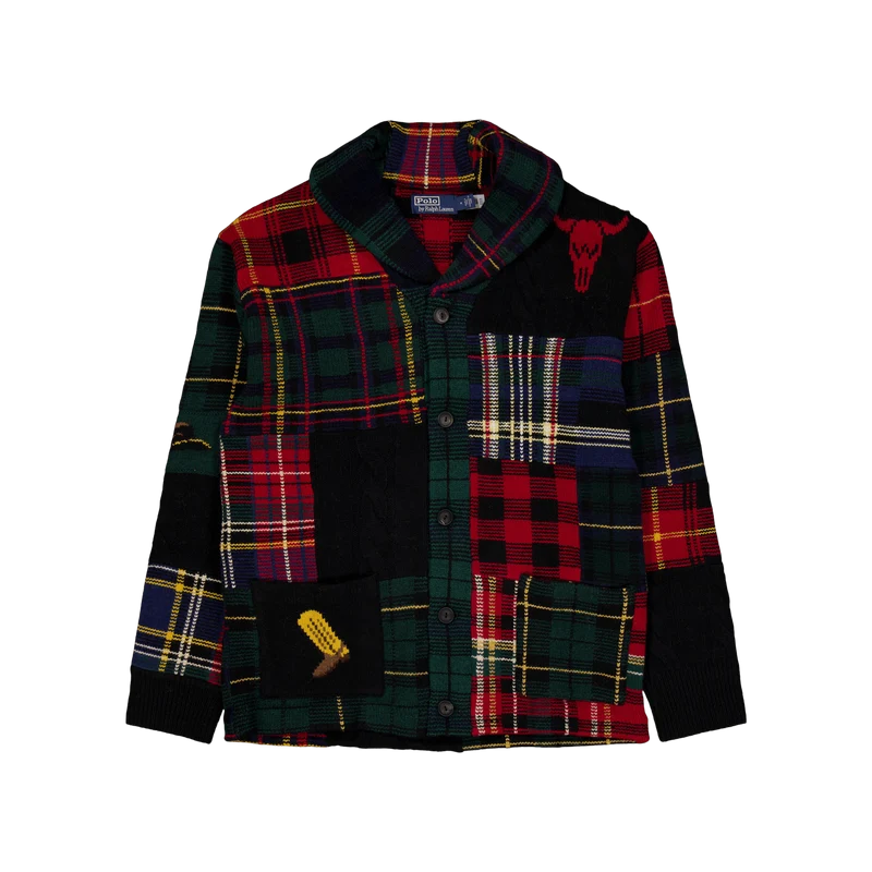 Patchwork Plaid Wool-Blend Cardigan Black Regimental Combo
