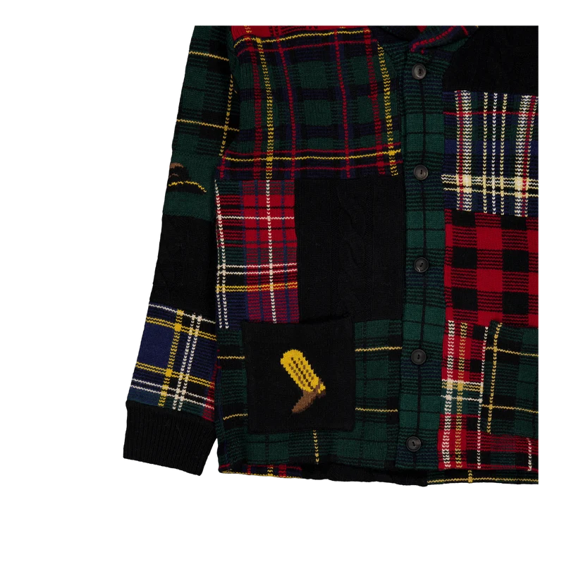 Patchwork Plaid Wool-Blend Cardigan Black Regimental Combo