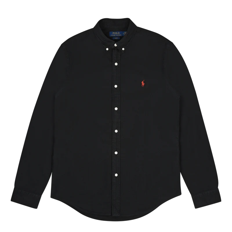 Slim Fit Garment-Dyed Oxford Shirt Polo Black