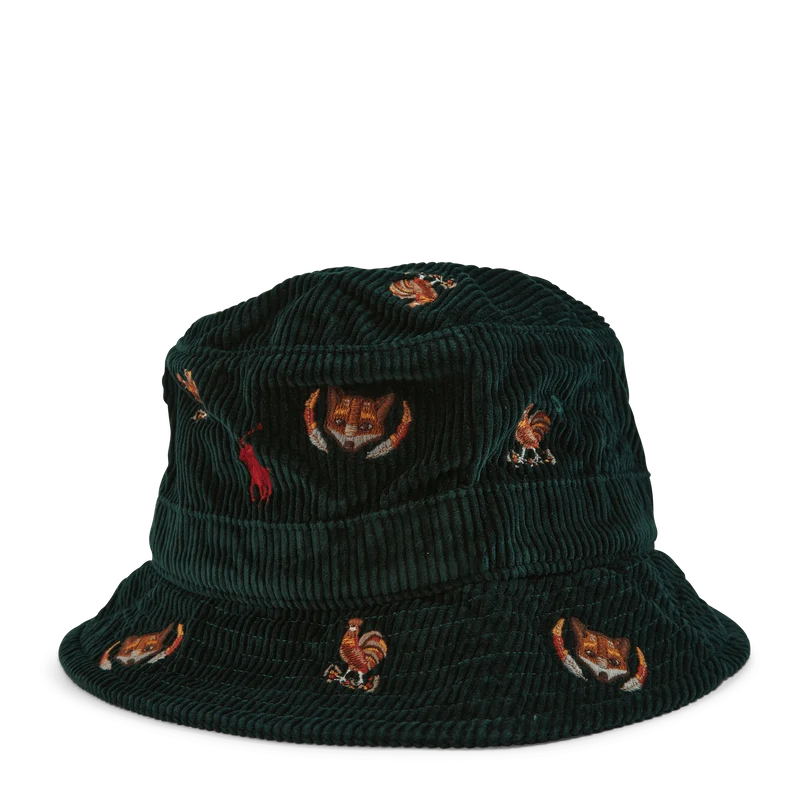 Embroidered Corduroy Bucket Hat College Green W/Fox Emb