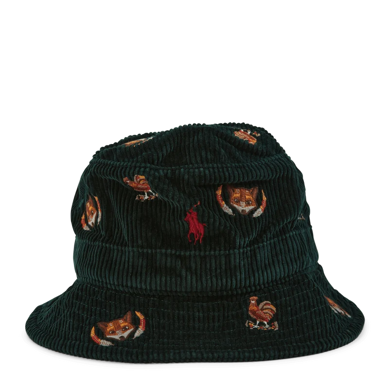 Embroidered Corduroy Bucket Hat College Green W/Fox Emb