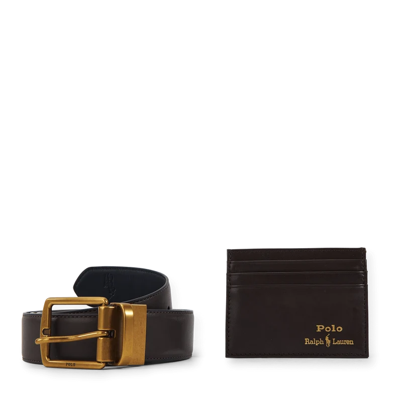 Leather Belt & Card Case Gift Set Brown