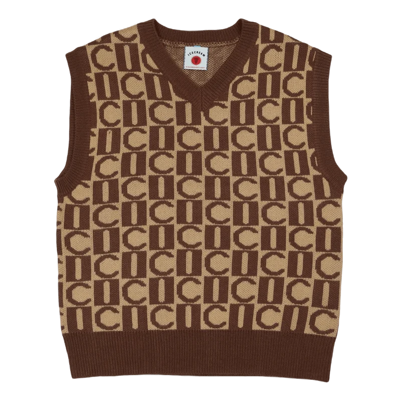 Checker V-neck Knitted Vest Brown