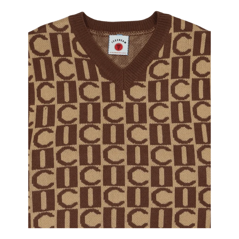 Checker V-neck Knitted Vest Brown