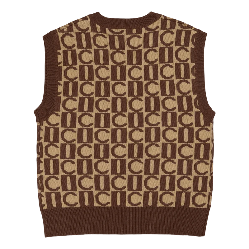 Checker V-neck Knitted Vest Brown