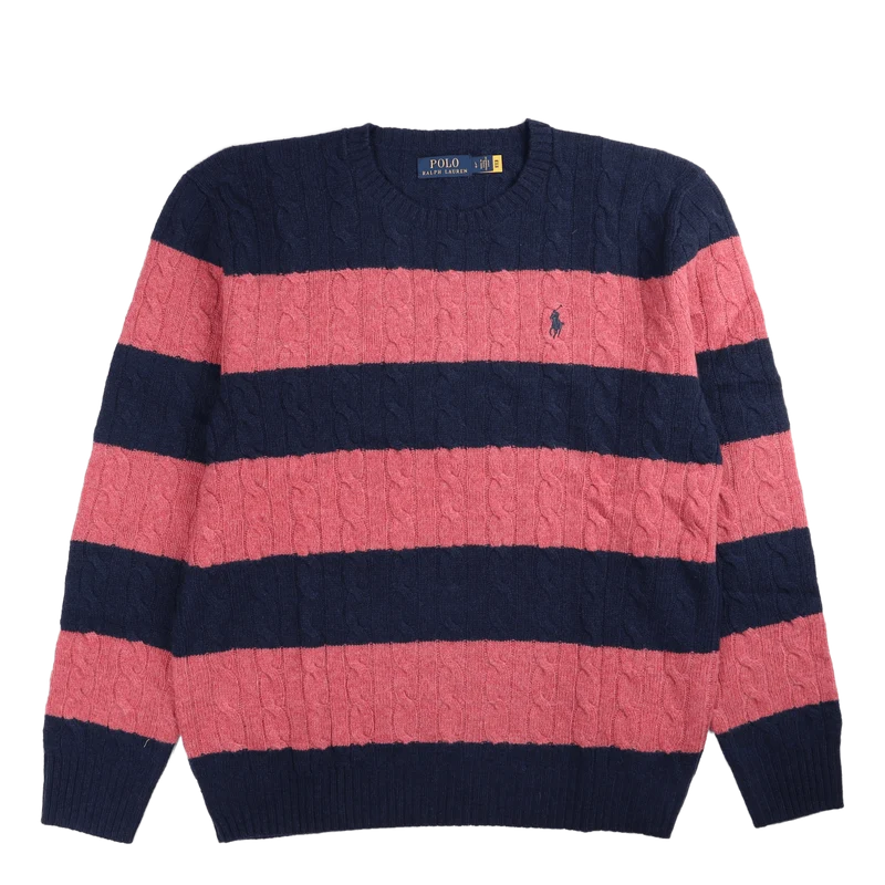 Striped Cable-Knit Wool-Cashmere Sweater Spring Navy Hthr/Rosebud Hthr