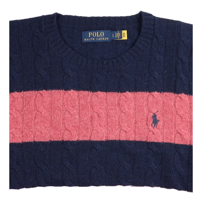 Striped Cable-Knit Wool-Cashmere Sweater Spring Navy Hthr/Rosebud Hthr