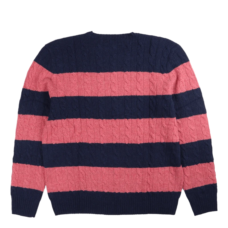 Striped Cable-Knit Wool-Cashmere Sweater Spring Navy Hthr/Rosebud Hthr