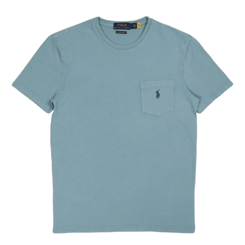 Custom Slim Cotton-Linen Pocket T-Shirt Blue Note
