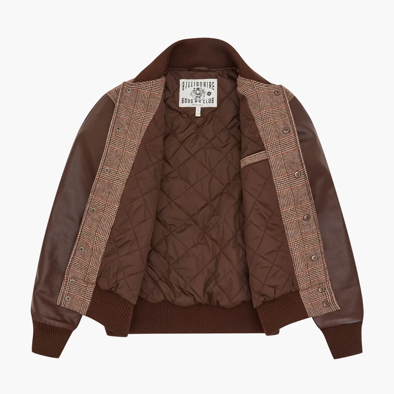 Leather Sleeve Varsity Jacket Brown Check