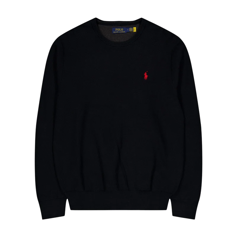 Textured Cotton Crewneck Sweater Polo Black
