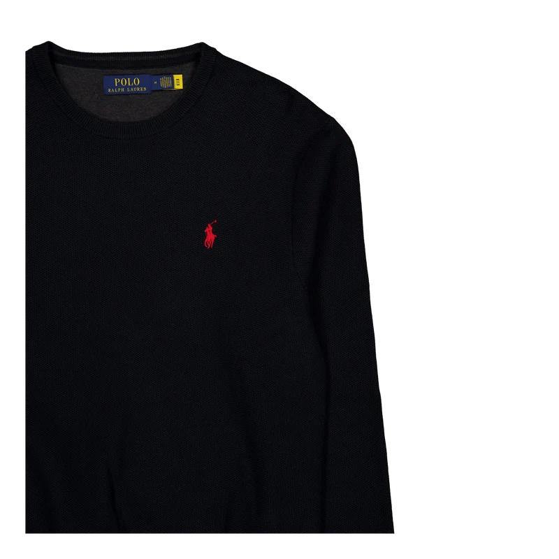 Textured Cotton Crewneck Sweater Polo Black