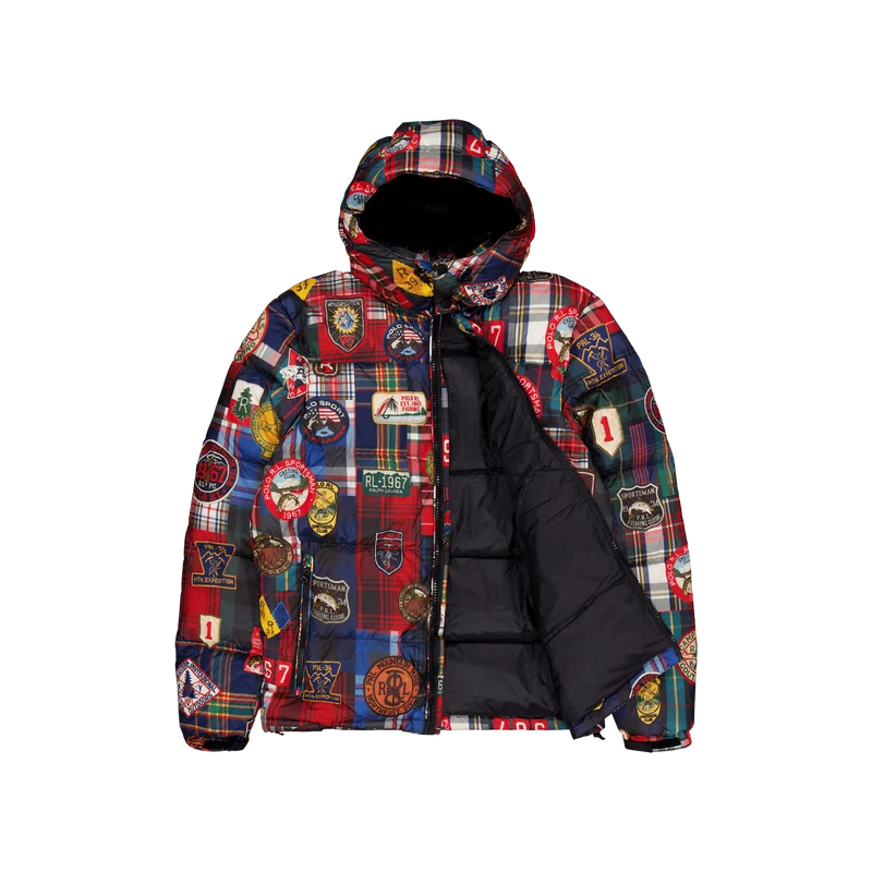 Water-Repellent Plaid-Print Down Coat Mountain Guide Patchwork