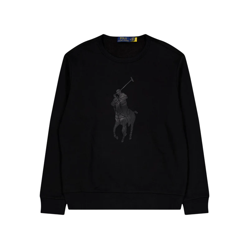 Leather Big Pony Fleece Sweatshirt Polo Black