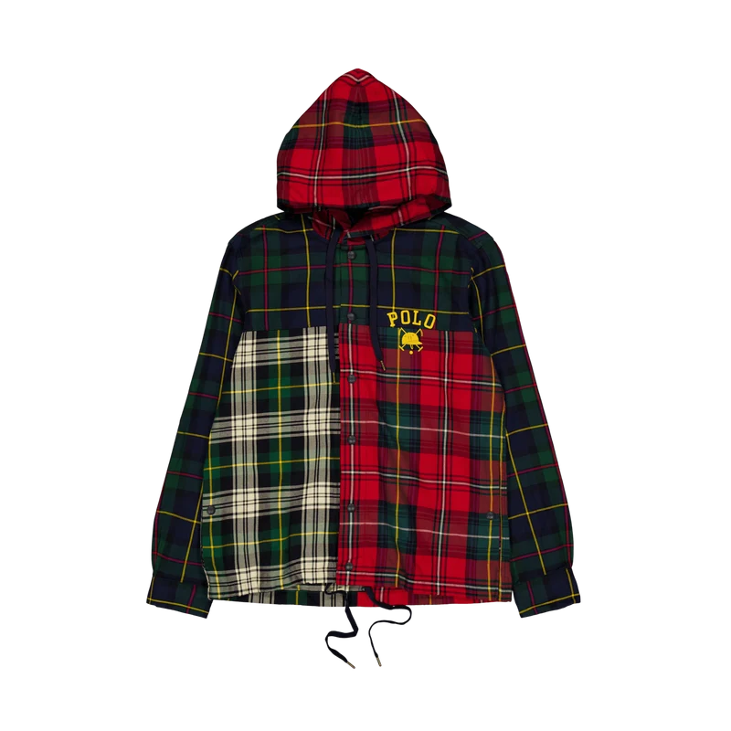 Plaid Patchwork Hooded Shirt Jacket 3427B Equestrian Tartan Piecng