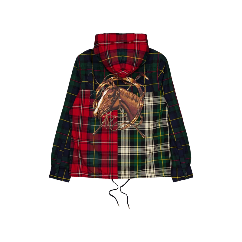 Plaid Patchwork Hooded Shirt Jacket 3427B Equestrian Tartan Piecng