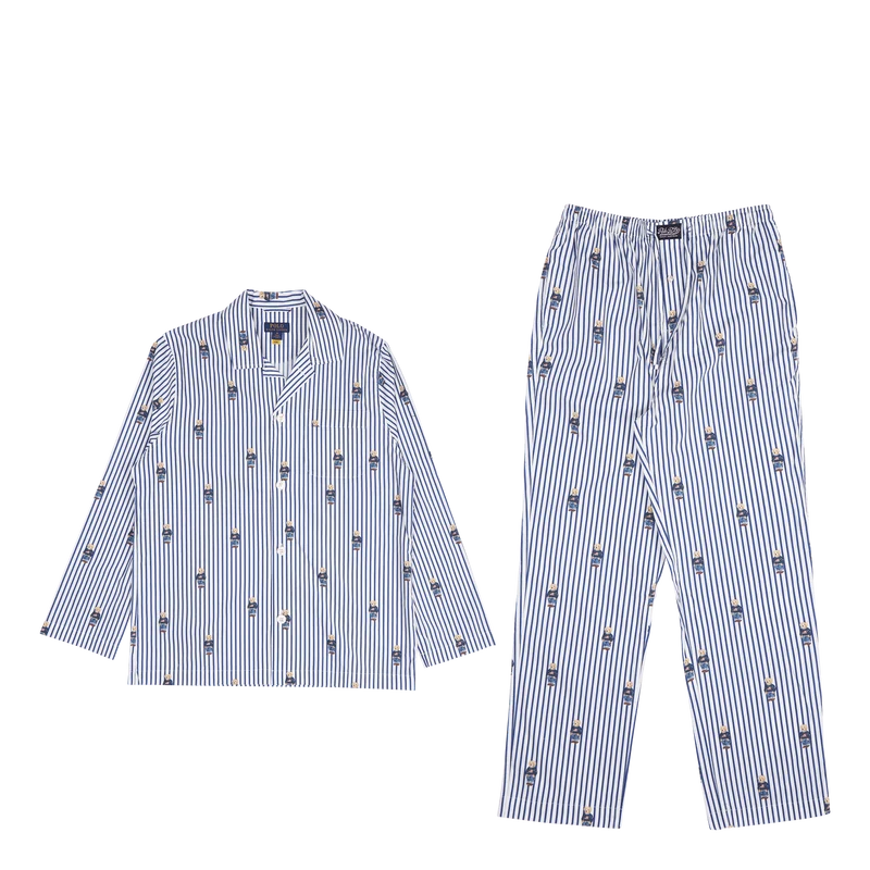 Polo Bear Striped Cotton Pajama Set Blue/White Stripe