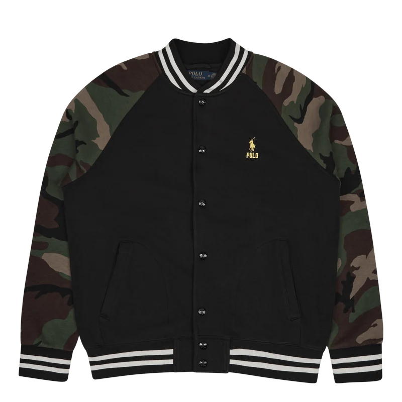 Camo-Sleeve Fleece Baseball Jacket Polo Black Multi