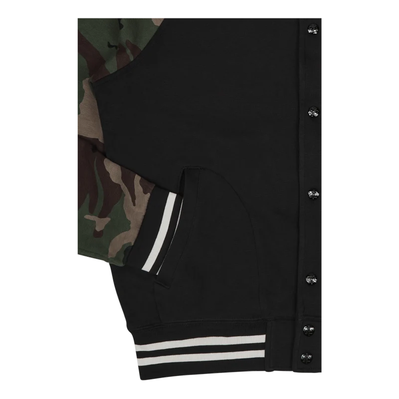 Camo-Sleeve Fleece Baseball Jacket Polo Black Multi