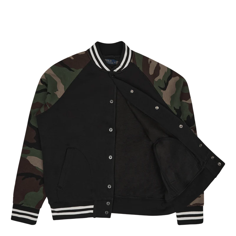 Camo-Sleeve Fleece Baseball Jacket Polo Black Multi